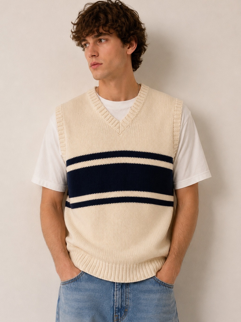 American Eagle Outfitters Cream Knit Sweater Vest Size L Vintage Preppy